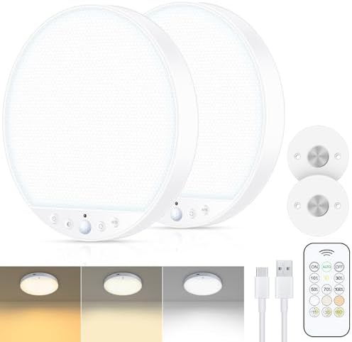 Rechargeable 8W Motion Sensor Ceiling Light Indoor, No Wiring & Magnetic Stick-On, Remote Control for Color & Brightness, Battery Operated Light for Shower, Closet, Bathroom, Pantry, Hallway, 2-Pack