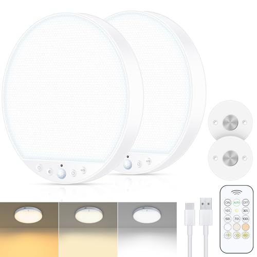 Image of Rechargeable 6W Motion Sensor Ceiling Light Indoor, No Wiring & Magnetic Stick-On, Remote Control for Color & Brightness, Battery Operated Light for Shower, Closet, Bathroom, Pantry, Hallway, 2-Pack