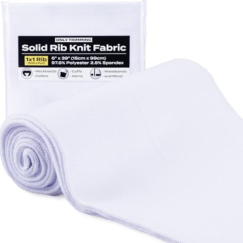 ONLY TRIMMING 1x1 Solid Rib Knit Fabric, Stretchy Knitted Ribbing for Cuffs, Collars, and Waistbands, Polyester-Spandex Blend, DIY Sewing Trim, 6 x 39 Inches (White, 6 x 39 Inches)