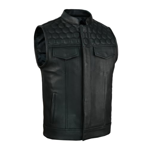 Leatherick Gilet de moto en cuir véritable style nid d'abeille SOA pour homme avec poches de transport dissimulées (FR/ES, Numérique, 54, Taille normale,...