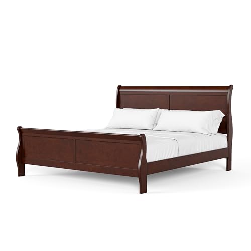 Furniture of America Louis Philippe Traditional Wood Bed Frame with Headboard and Footboard Elegant Sleigh Design Bedframe for Bedroom Guest Room Easy Assembly Box Spring Required Queen Cherry