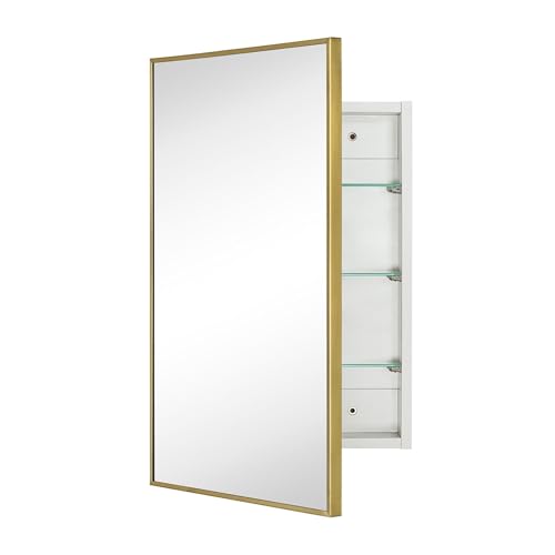 Image of TEHOME 17.5'' x 29'' Brushed Gold Recessed and Surface Mount Bathroom Medicine Cabinet with Mirror Brushed Gold Square Cornered Metal Framed Rounded Rectangle Medicine Cabinet Mirror