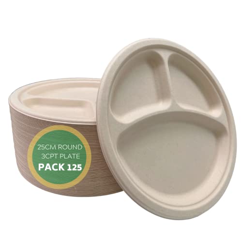 Disposable Green Piastre monouso rotonde, piastre per vano bagassa usa e getta, piastre a 3 scomparti, piastre divise per cibi caldi, freddi, umidi e oleosi, 23 cmx5 cm, 125 pezzi
