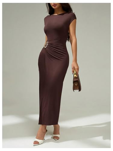 Floerns Women's Asymmetrical Wrap Dress Metal Ruched Cap Sleeve Bodycon Midi Dresses4