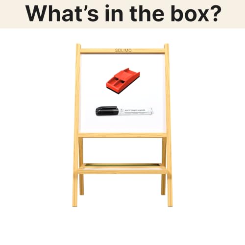 Image of Amazon Brand - Solimo 2 in 1 Double Sided Wooden Easel Stand, Whiteboard and Chalkboard, A-Type Foldable, 80 cm x 40 cm, with Tray, for Kids with Whiteboard Marker & Non-Magnetic Duster
