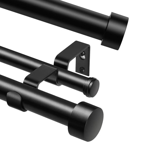 KAMANINA Bundle of 72 to 144 inch Black Double Curtain Rod and 32 to 144 Inch Black Curtain Rod, Modern Simple End Cap