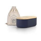 LARS NYSØM Bread Box I Metal Box with linen bag for long lasting freshness I Bread Bin with bamboo lid usable as cutting board I 14.2x7.5x5.1 In (Midnight Blue)
