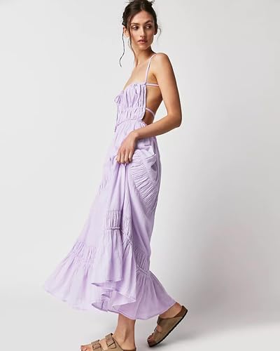 Image of VIUTIL Flowy Maxi Dress for Women Summer Cotton Backless Beach Long Dress with Pockets 2026