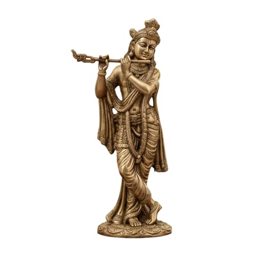 Image of eCraftIndia Golden Brass Lord Krishna Idol Playing Flute | Krishna Statue for Home Living Room Office