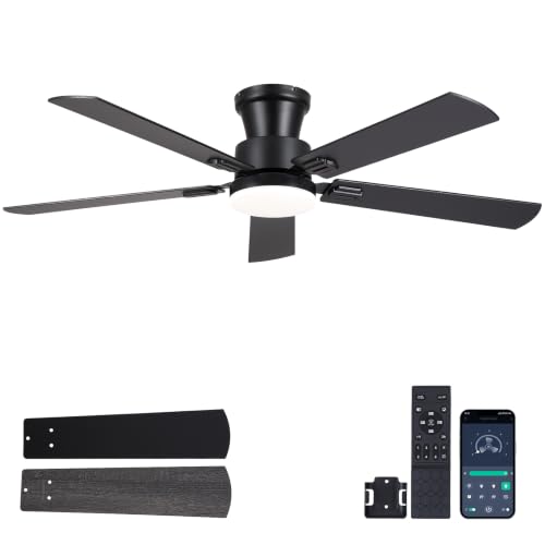 NKPU 52 Inch Black Ceiling Fan with Lights, Modern Low Profile Ceiling Fan with Remote & APP Control, Quiet DC Motor, 6 Speeds, Dimmable LED Light, Dual-Sided Wood Blades for Bedroom Living Room