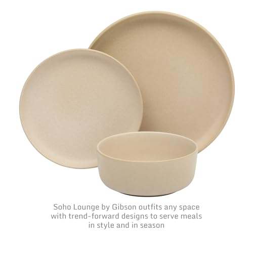 Image of Gibson Elite Pasco 12 Piece (Service for 4) Plates and Bowls Reactive Glaze Dishes Stoneware Ceramic Dinnerware Set - Taupe