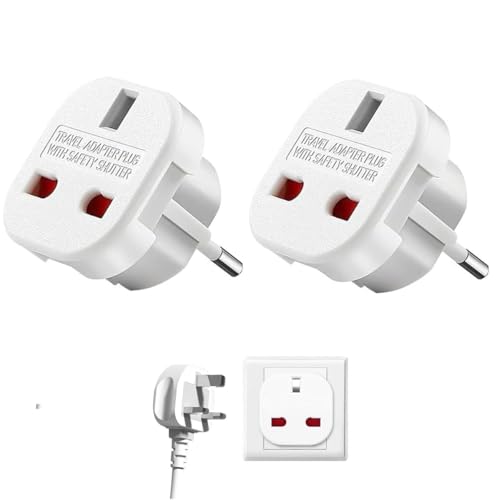 Adaptador Enchufe UK a Europeo, Adaptador de Enchufe De UK a Enchufe Europeo, Adaptador Enchufe Viaje Reino Unido, Adaptador Tipo G, Adaptador Universal viaje, 220-240 V, 2 unidades, blanco