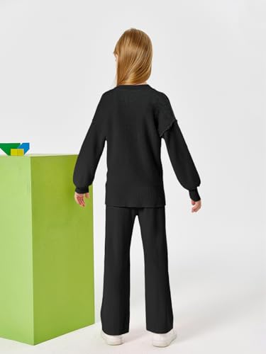 Image of Haloumoning Girls 2 Piece Outfits Kids Long Sleeve Crewneck Sweater Drawstring Wide Leg Long Pants Sweatsuits Sets 5-14T