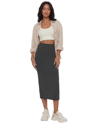 Image of Rooscier Women's High Waisted Pencil Midi Skirt | Stretchy Bodycon Knee Length Skirts with Back Slit