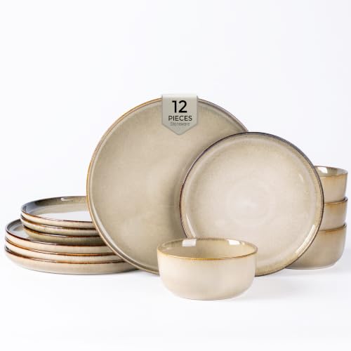 Image of GBHOME Dinnerware Sets for 4, 12 Pieces Stoneware Plates and Bowls Sets, Scratch Resistant Ceramic Dishes, Dishwasher & Microwave Safe, Reactive Glaze-Almond Cream