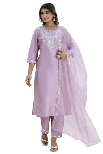 Image of VredeVogel Women's Silk Blend Embroidered Kurta with Pant & Dupatta Set