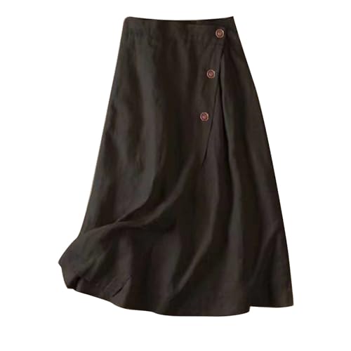 Womens Summer Linen Elastic Long Skirt Back Buttoned Swing Midi A Line Skirt Casual Comfy Button Solid A-Line Skirts