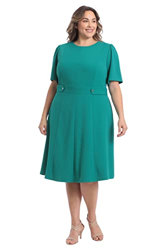 Image of London Times Women's Knit Eyelet Short Sleeve Crepe Inset Waist Midi with Button Detail