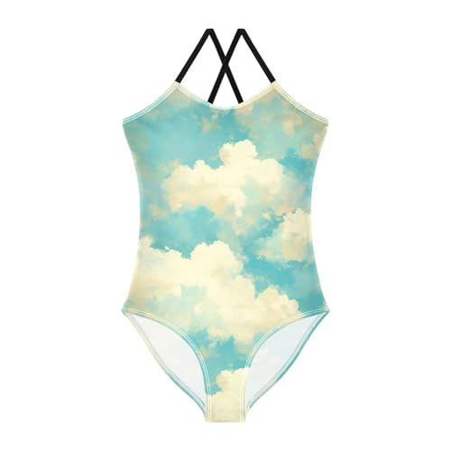 KLL Clouds on Blue Background Girl 1-Piece Swim Suit Beach Swimwear Adjustable Shoulder Strap Cute