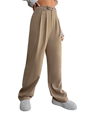 SweatyRocks Women's Casual Button Front Pleated Pants Solid Wide Leg Loose Pocket Pants4