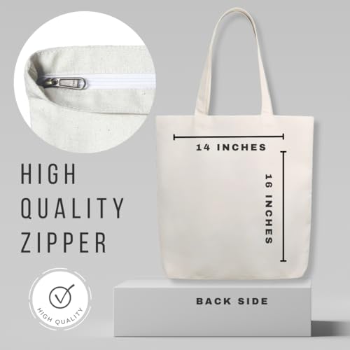 Roundsun Canvas Printed Black/White Vertical Tote Bag Main Zipper & Open Inner Pocket 300 GSM Cloth Size 16 Height 14 Width 4 Base Inches Multi-Purpose Bag Eco Friendly