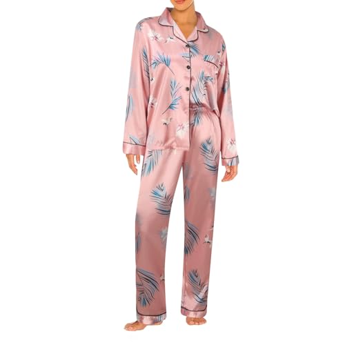 Conjunto de Pijama Seda Mujer, Pijamas Raso Invierno Largo para Mujer con Botones, Pijama Saten Camisero de Manga Larga Y Pantalon, Ropa de Dormir de Descanso de Dos Piezas Traje de Casa