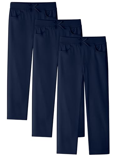 Resinta 3 Pack Girls Uniform Pants, Slim Straight School Uniform Pants for Girls with Ribbed Waistband & 4 Pockets, 4-14Y