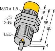 TURCK NI20U-M30-AP6X 2 Meter Cable, 20MM Range, (1646100), INDUCTIVE, Sensor, NONEMBEDDABLE, 30MM Size, 1 LED, PNP (SOURCING), 10-30 VDC, Normally Open, UPROX, Partial Thread