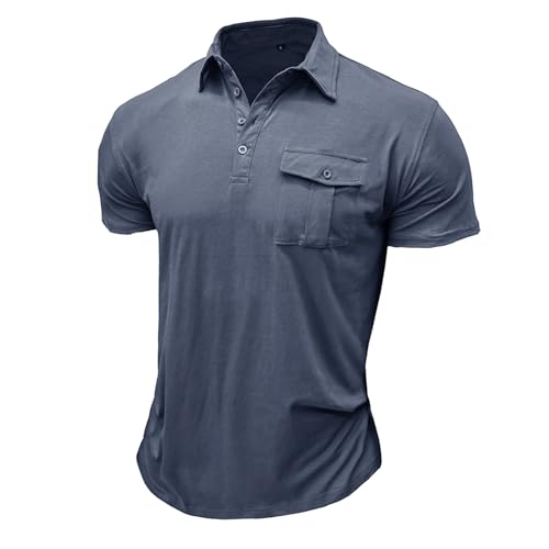Polo Shirts for Men Adult Male Spring Summer Short Sleeve Button Pocket Breast Solid Color Sports T Shirt (Grey, XL)