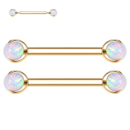 FUNLMO Nipple Piercing Jewelry Nipple Rings Titanium Tongue Rings Bridge Piercing Jewelry Internally Threaded Nipple Barbells 14G 18mm Gold White Opal