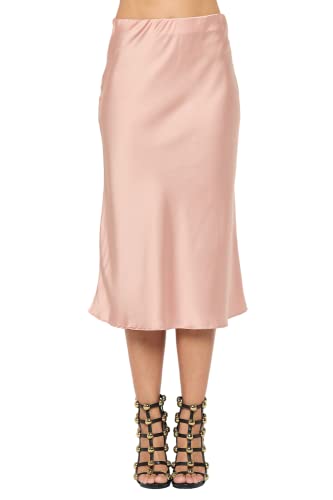 RENEEC. Women Solid Satin High Waist Elastic A Lined Midi