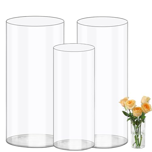 Wintfarm Juego de 3 jarrones cilíndricos acrílicos, transparentes, duraderos, irrompibles, jarrones de plástico para arreglos florales, decoración de mesa, centros de boda, bricolaje (20 x 10 y 25 x