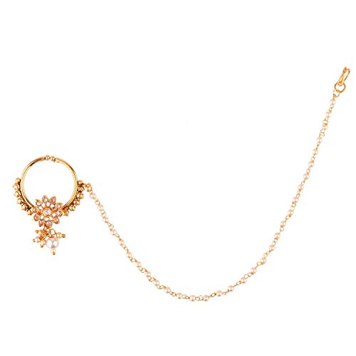 Efulgenz Indian Bollywood Crystal Kundan Bridal Nose Ring Hoop Pin with Pearl Chain Wedding Bridal Nath No Piercing Jewelry Accessories (Style 7)