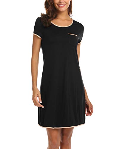 Preisvergleich Produktbild MAXMODA Damen Nachtkleid Nachthemd Schlafhemd Kurzarm Rundhalsausschnitt Schlafshirt Nachtwäsche Sleepwear Mit Schwarz L
