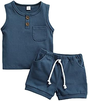 CIYCUIT 2Pcs Baby Boy Summer Clothes Infant Toddler Solid Color Sleeveless Tank Tops Shorts Set Blue 18-24 Months