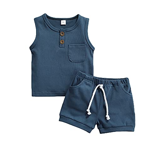 Ciycuit 2Pcs Baby Boy Summer Clothes Infant Toddler Solid Color Sleeveless Tank Tops Shorts Set Blue 18-24 Months #TOP3