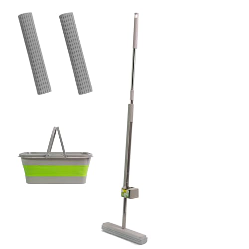 Space Mop 4-in-1: Scopa, Lavapavimenti, Lava e Asciuga Pavimenti - Pulizia Efficiente e Veloce, Adatta a Tutti i Tipi di Pavimenti (Set 2 Ricambi + Secchio Silicone + Filettatura, Grigio)