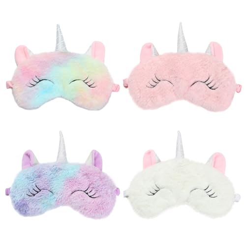 NyxSeat Juego de 4 máscaras para niños, antifaz para dormir ultrasuaves y cómodas, para mujeres y niños, lindas máscaras de peluche de unicornio, bloquea la luz durante una siesta o cuando viajas