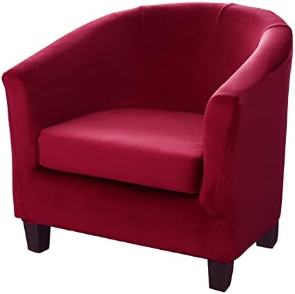 MIFXIN Tub Chair Slipcover 2-Piece Velvet Barrel Club Chair Covers with Cushion Cover Stretchy Soft Washable Armchair Sofa Couch Furniture Protector for Living Room Hotel Cafe (Red)