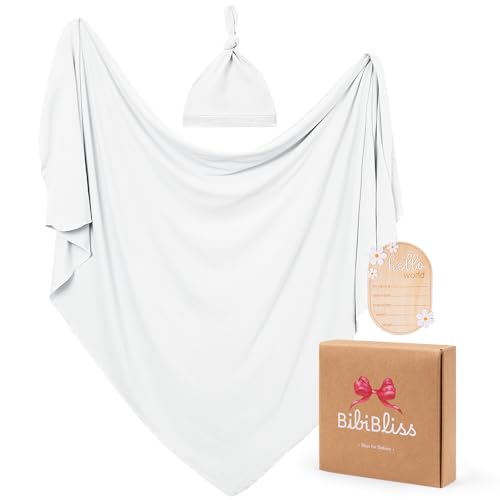 Image of Stretchy Swaddle Blanket for Newborns with Hat & Hello World Card-Soft Baby Swaddles 0-3 Months,47 inchx 47 inchSupersoft Swaddle Blanket,Receiving Blanket for Boys & Girls (Cloud)