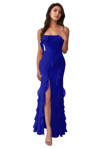 Chiffon Bridesmaid Dresses for Women Spaghetti Straps Ruffle Bodycon Long Formal Evening Dress IIF173