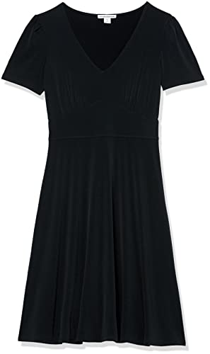 Image of Amazon Essentials Women's Short Sleeve V-Neck Gathered Flattering Fit and Flare Dress