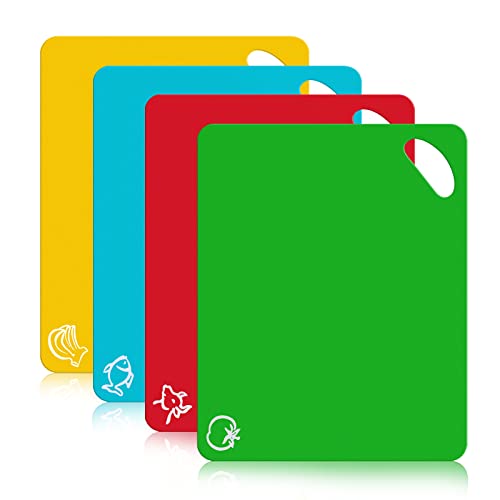 Comparison: Best Chopping Mats Flexible 10 Kitchen Plastic Cutting Board Set - Extra Thick Flexible Cutting Mat for Cooking, Non-Slip Chopping Board with Colored Food Icons & Easy-Grip Handles, Dishwasher Safe, Set of 4