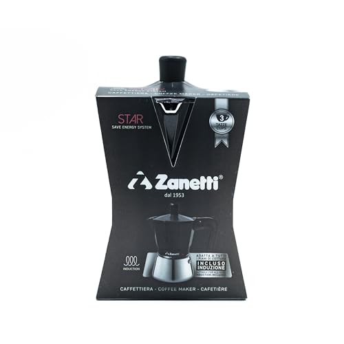 Zanetti, Star Espressokocher, Induktion, 3 Tassen, Espressokocher mit Kessel aus Edelstahl und Ergonymen Griffen, geeignet für Induktionsherde, 3 Tassen, Farbe: Schwarz