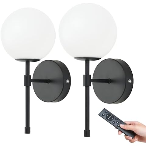 Battery Operated Globe Wall Sconces Set of 2, Black Wireless Wall Lights with Remote Control, Rechargeable 3 Color Stepless Dimming Modern Wall Decor Lamp for Bedroom Living Room Hallway Cover