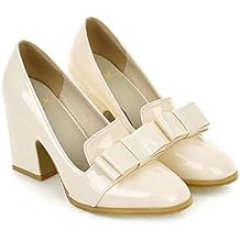 MOOMMO Women Chunky Heel Pumps Bowknot Patent Leather Loafers Round Closed Toe Sandals 3.5 Inch High Block Heel Slip On Summer Casual Office Dress Shoes Size 4-11 M US