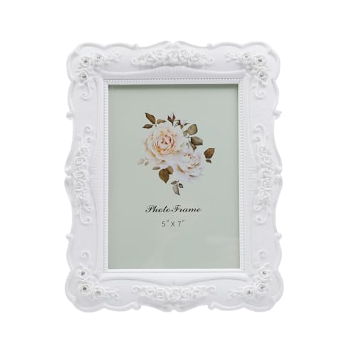 Coshar Cadre photo vintage avec motif fleur de rose - 12,7 x 17,8 cm - Cadre photo antique avec façade en verre pour affichage mural de table, utilisation horizontale et verticale (blanc)