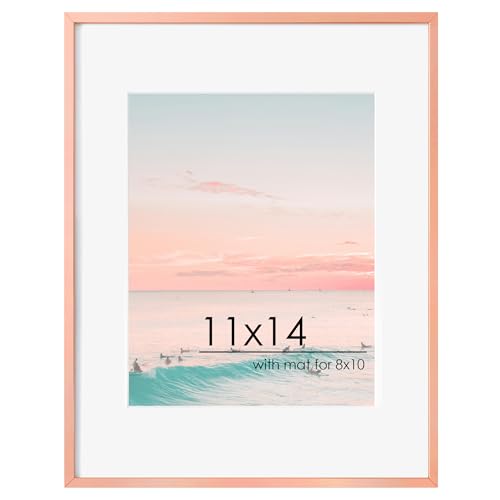 FLYJOE 11x14 Picture Frame -11x14 Metal Picture Frame With Mat For 8x10 | 14x11 Frame Aluminum | Plexiglass And Hanging Hardware Included | 11 by 14 Poster Frame, Set of 3, Rose Gold