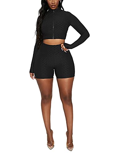 Workout 2 Piece Outfits For Women, Summer Sport Long Sleeve Crop Tops And Sexy High Waist Scrunch Booty Yoga Shorts Set Tracksuit (Black, L) #TOP4