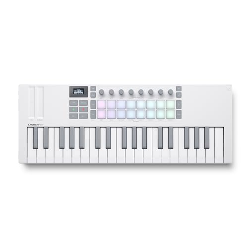 Image of Novation Launchkey Mini 37 MK4 White - Portable 37 Mini-Key, USB, MIDI Keyboard with DAW Integration. Chord & Scale Modes, 16 Drum Pads, Arpeggiator, & Includes Music Creation Software Bundle | 37 Mini Synth Keys, 16 Velocity-Sensitive Rgb Pads, 8 Encoders, Generative Arpeggiator